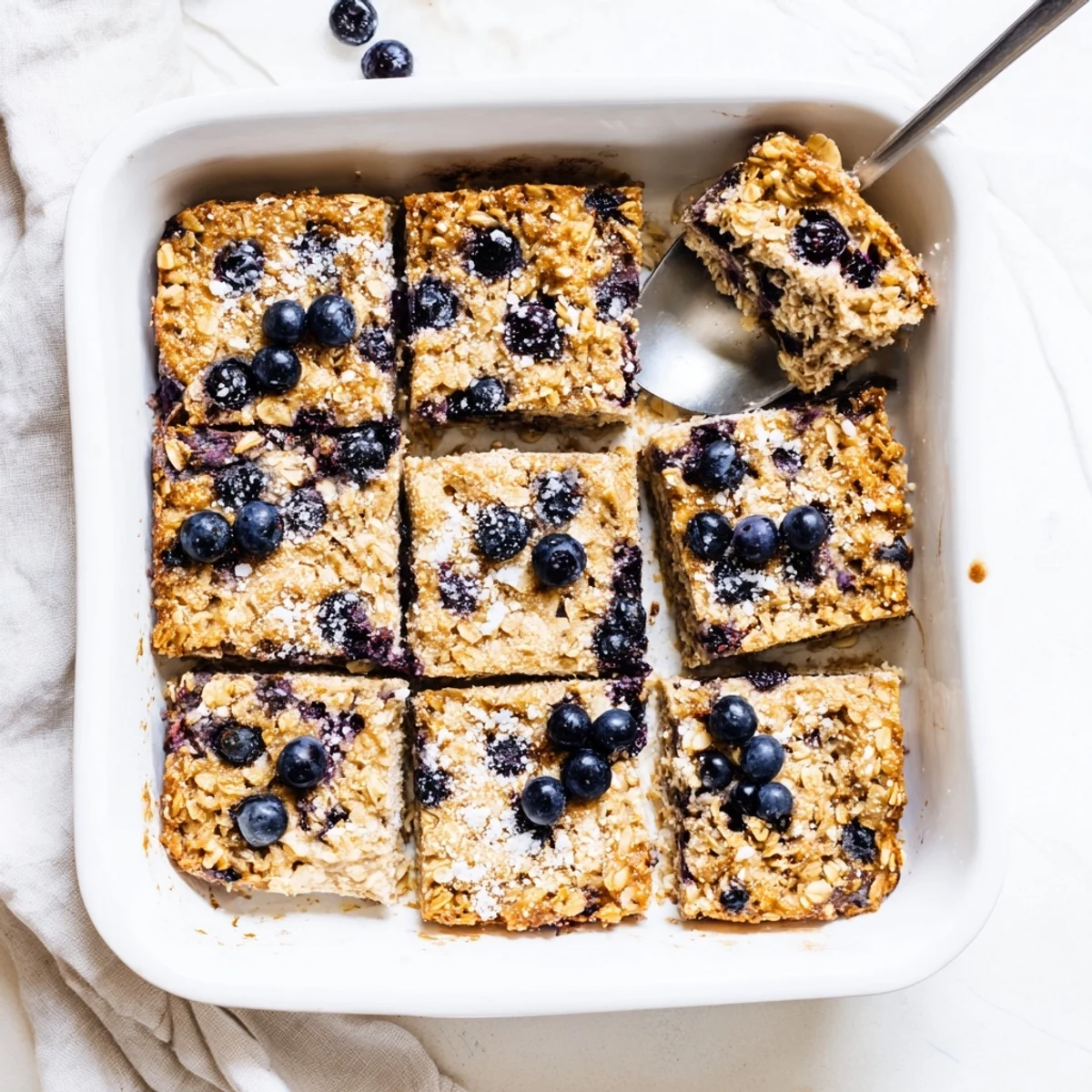 Hearty baked oatmeal studded with juicy blueberries and bright lemon zest in a baking dish