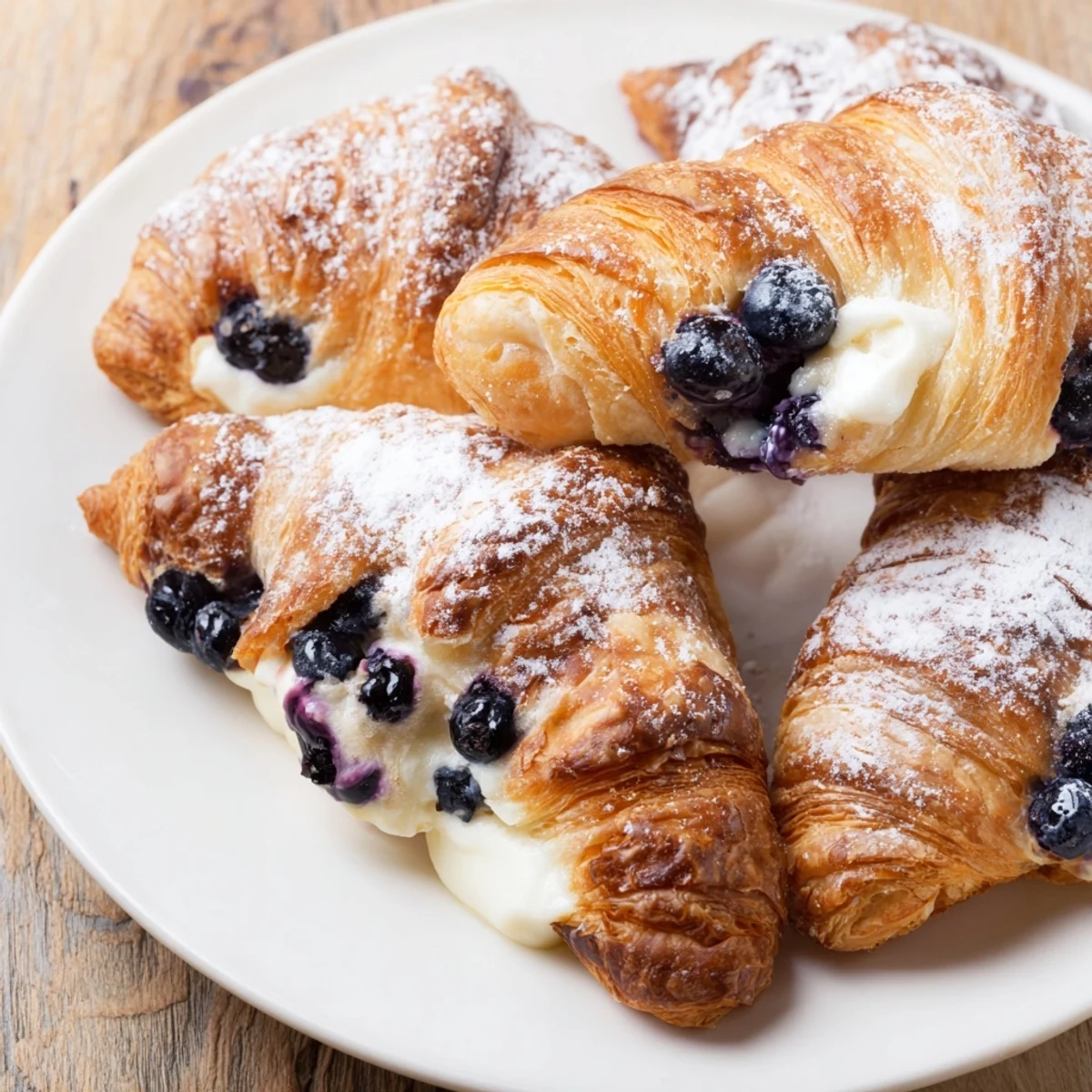 Sliced croissants soaked in vanilla custard alongside tangy cream cheese and fresh blueberries in a baking dish