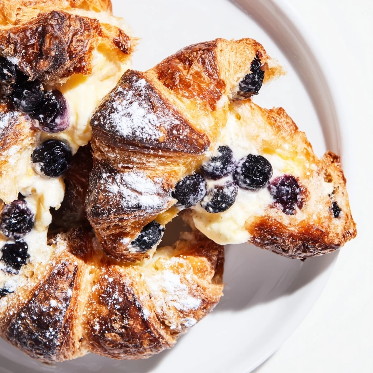 Warm breakfast casserole featuring flaky croissants, sweet blueberries, and rich cream cheese baked until golden brown