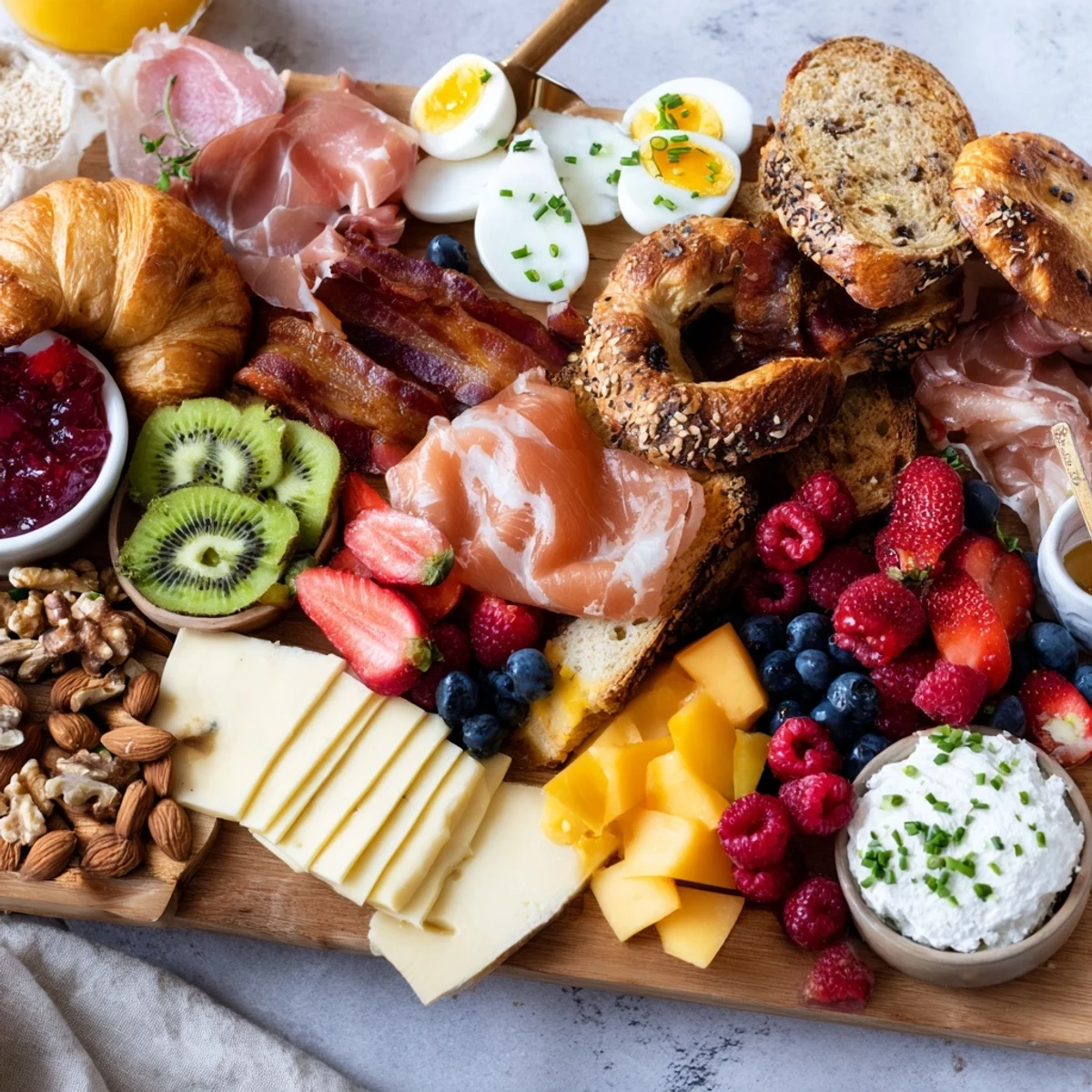 Wooden serving platter displaying breakfast charcuterie board with prosciutto, brie, berries, and croissants