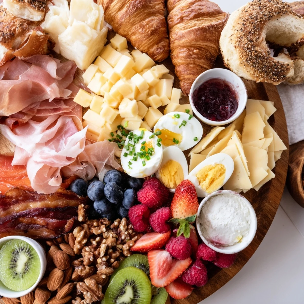 Crowd-pleasing breakfast charcuterie board featuring smoked salmon, fresh fruit, nuts, and warm bagels