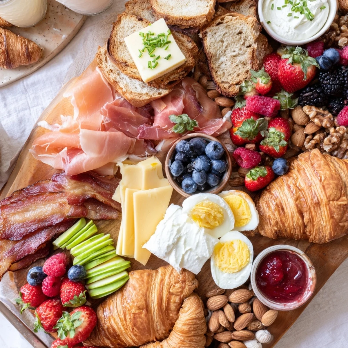Colorful breakfast charcuterie board arranged with meats, cheeses, fruits, and pastries for sharing