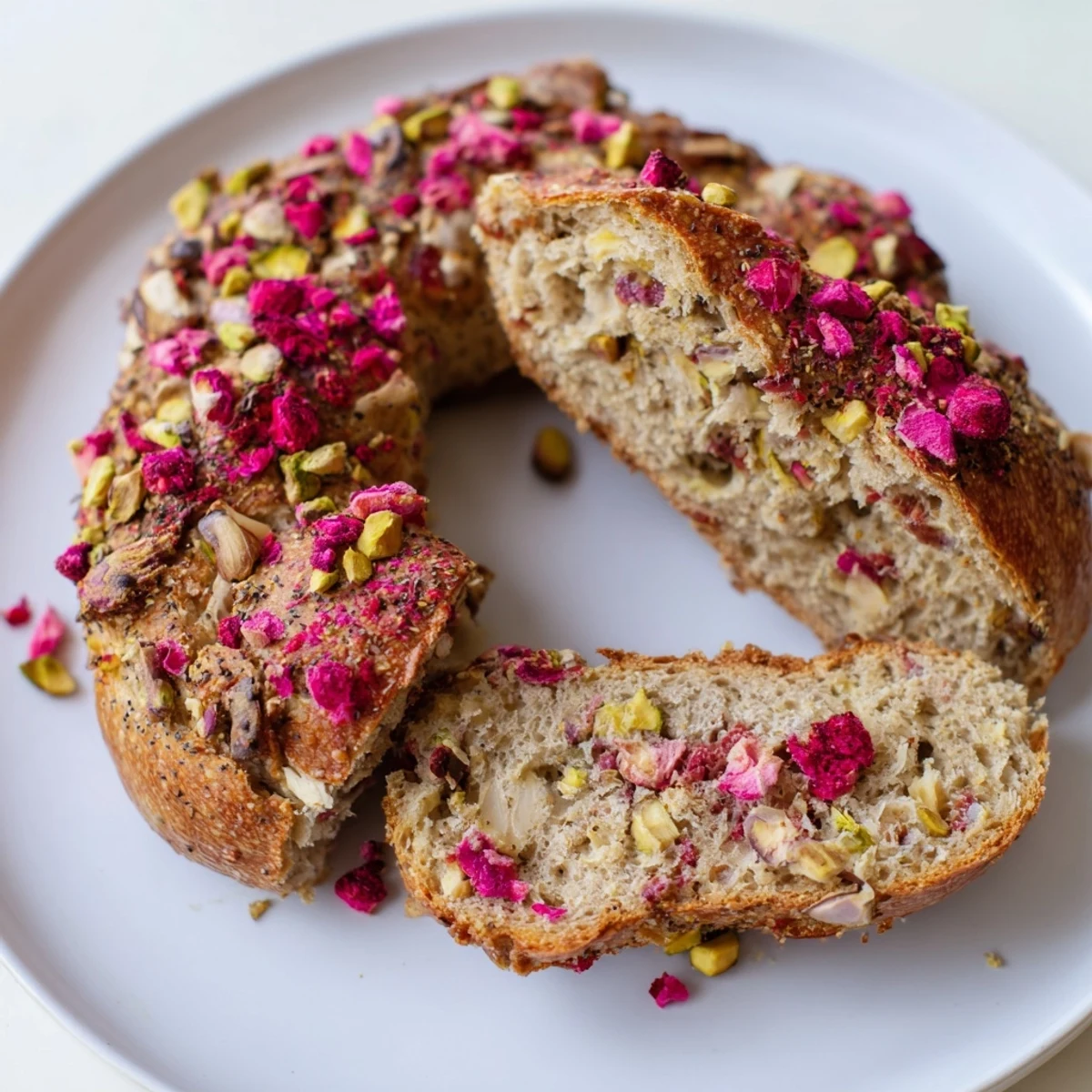 Freshly baked raspberry pistachio sourdough bagels with pink berry speckles and green nut crunch on a wooden board