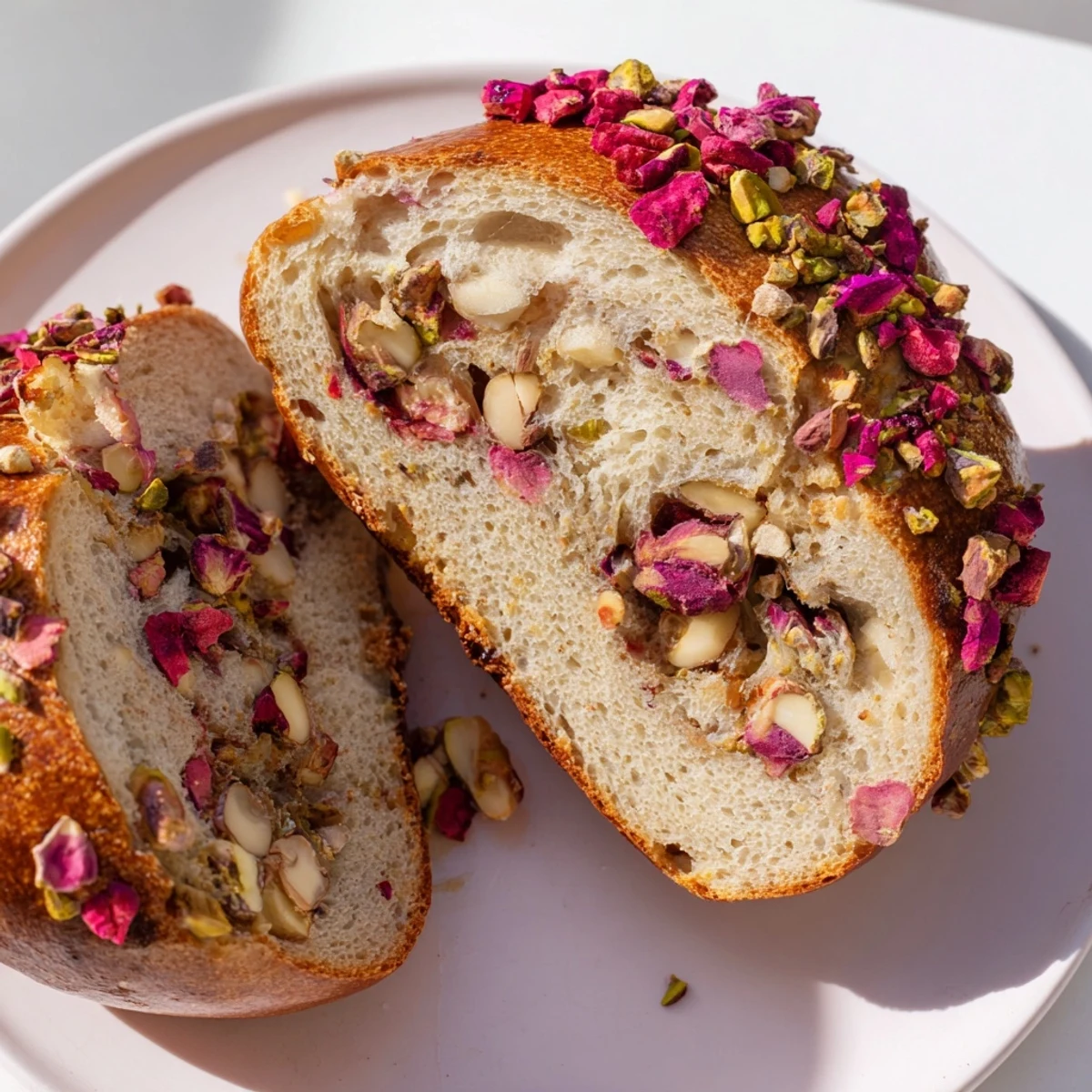 Hand torn raspberry pistachio sourdough bagel revealing soft interior with vibrant raspberry pieces and crunchy pistachios throughout
