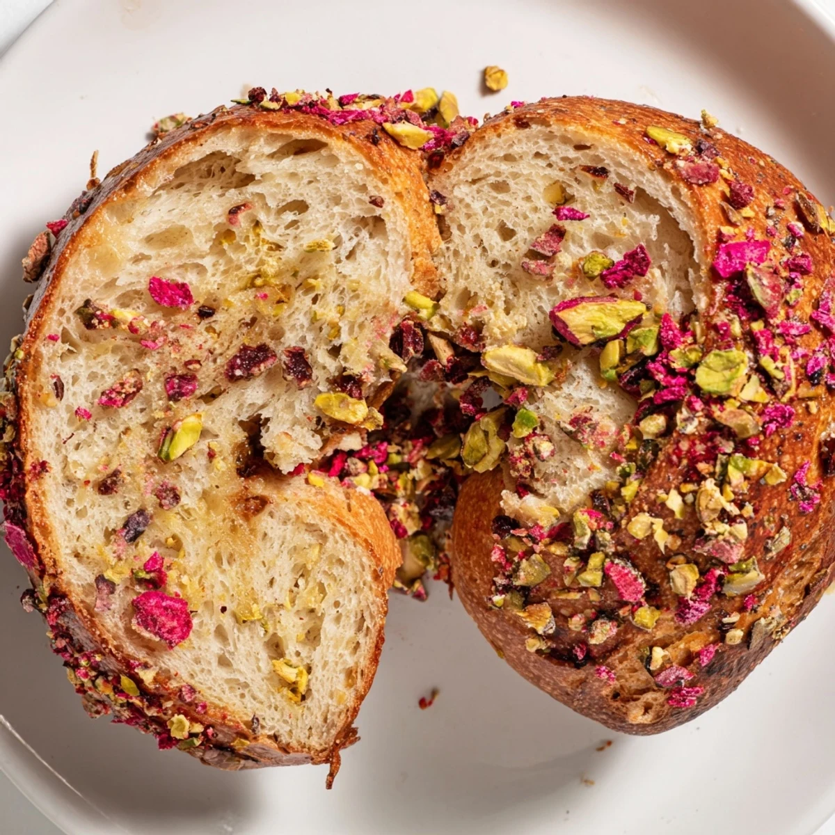 Golden brown raspberry pistachio sourdough bagels cooling on wire rack after being poached and baked to chewy perfection