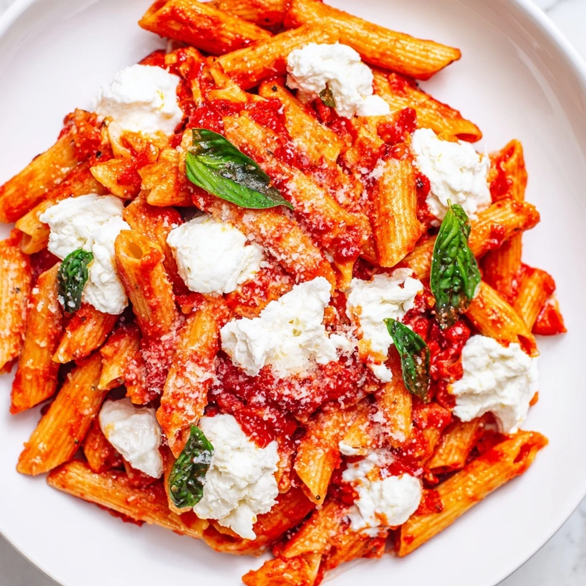 Creamy tomato garlic ricotta penne topped with fresh basil and grated Parmesan cheese