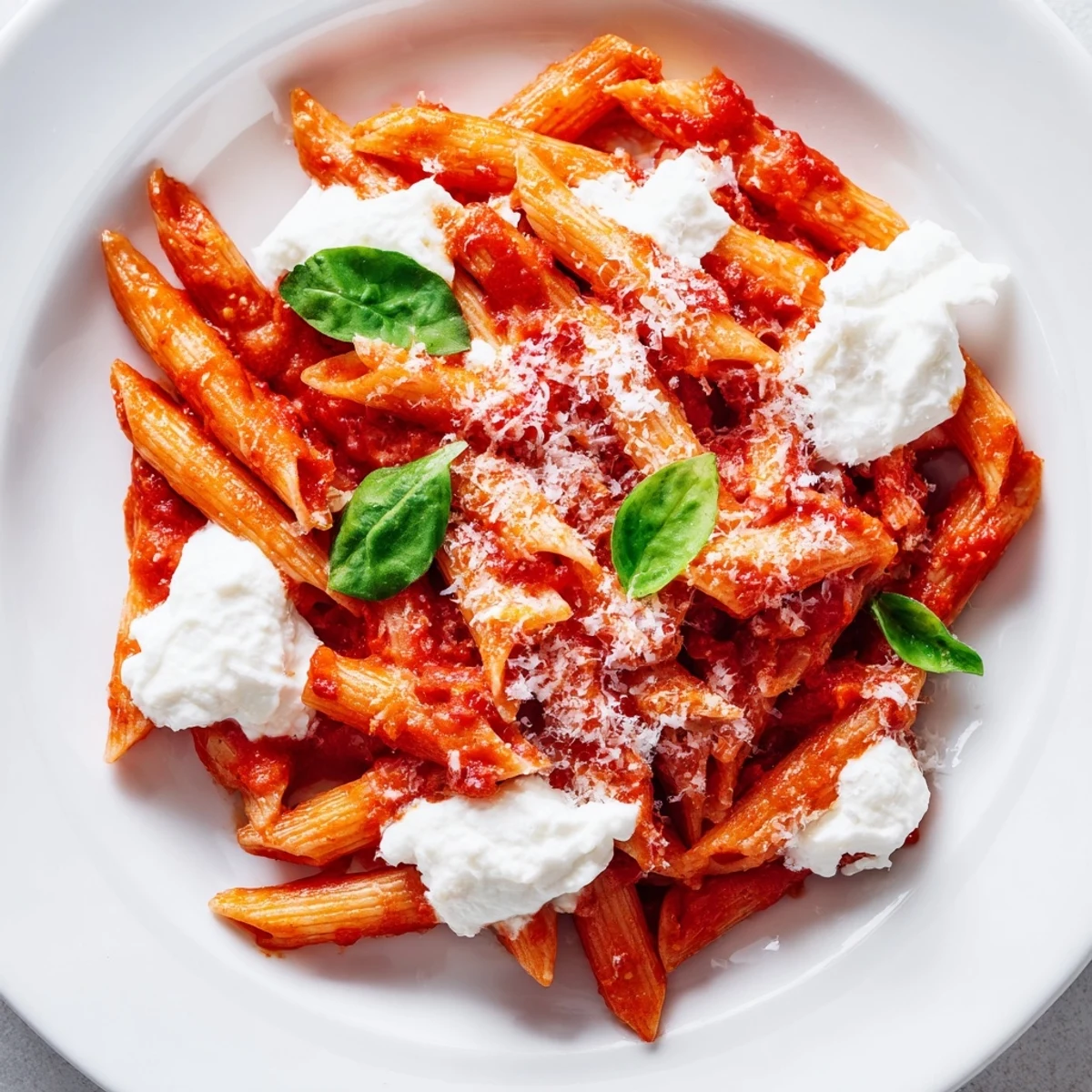 Tomato garlic ricotta penne in vibrant red sauce with pillowy cheese dollops throughout