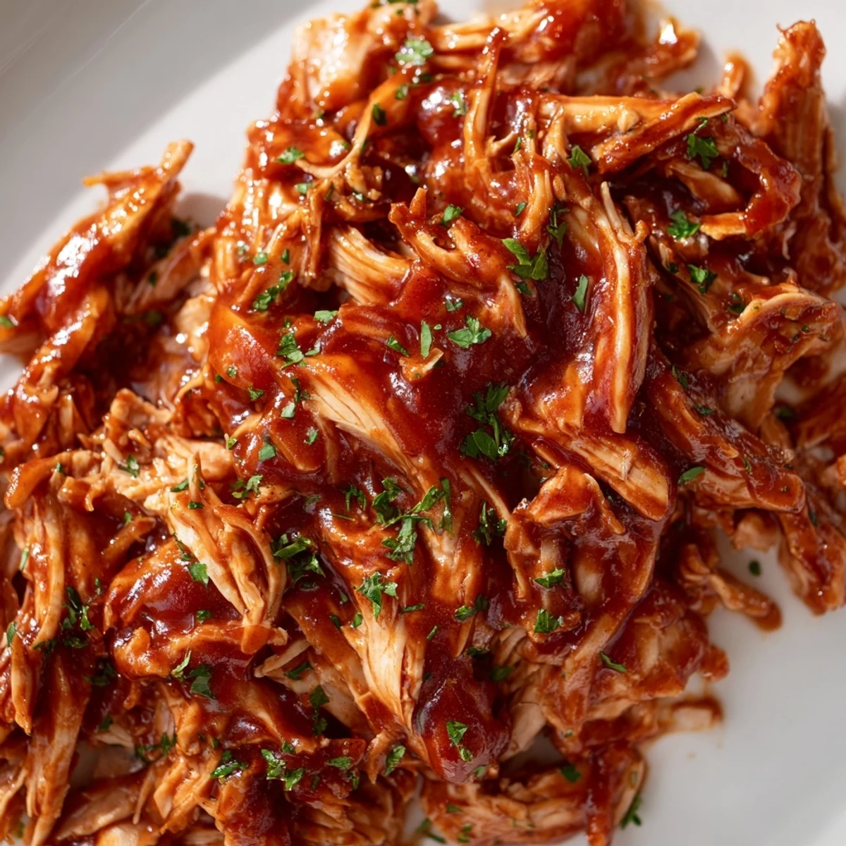 Tender Sweet Baby Ray's Crockpot Chicken glistening with rich barbecue sauce on a white plate