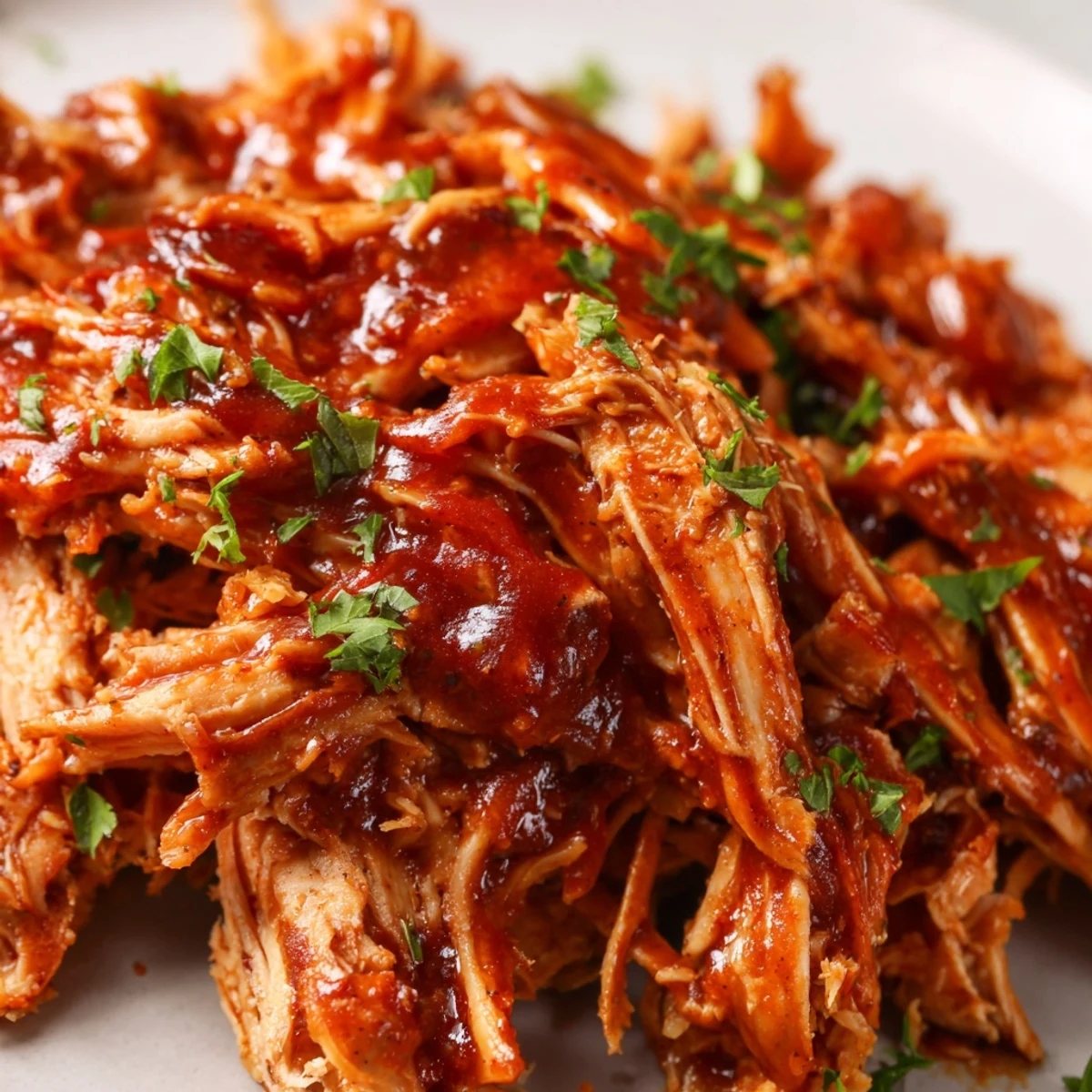 Savory Sweet Baby Ray's Crockpot Chicken shredded and coated in thick, sticky honey BBQ glaze