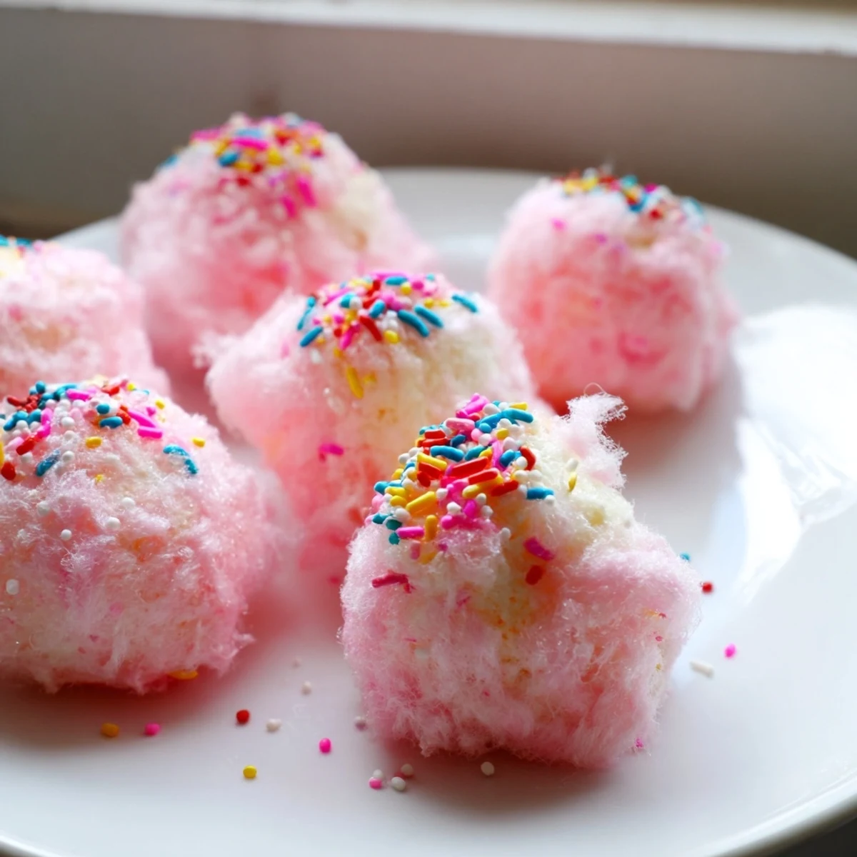 Creamy Mini Cotton Candy Cheesecake Puff Balls topped with rainbow sprinkles for a festive party dessert