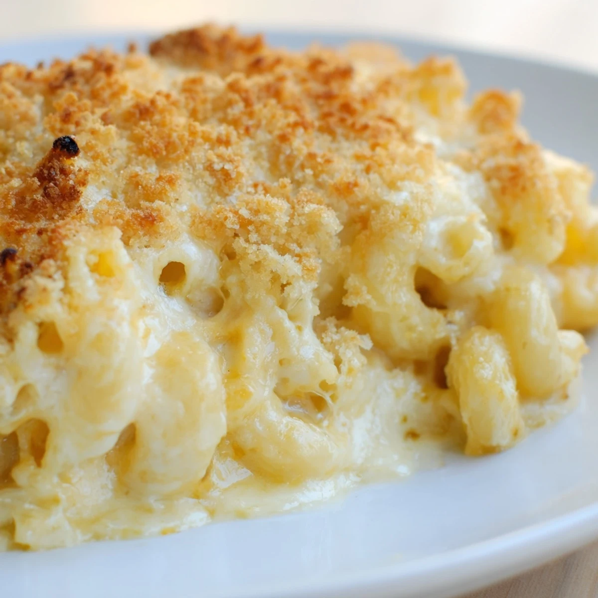 Golden three cheese baked macaroni with crispy panko topping fresh from the oven