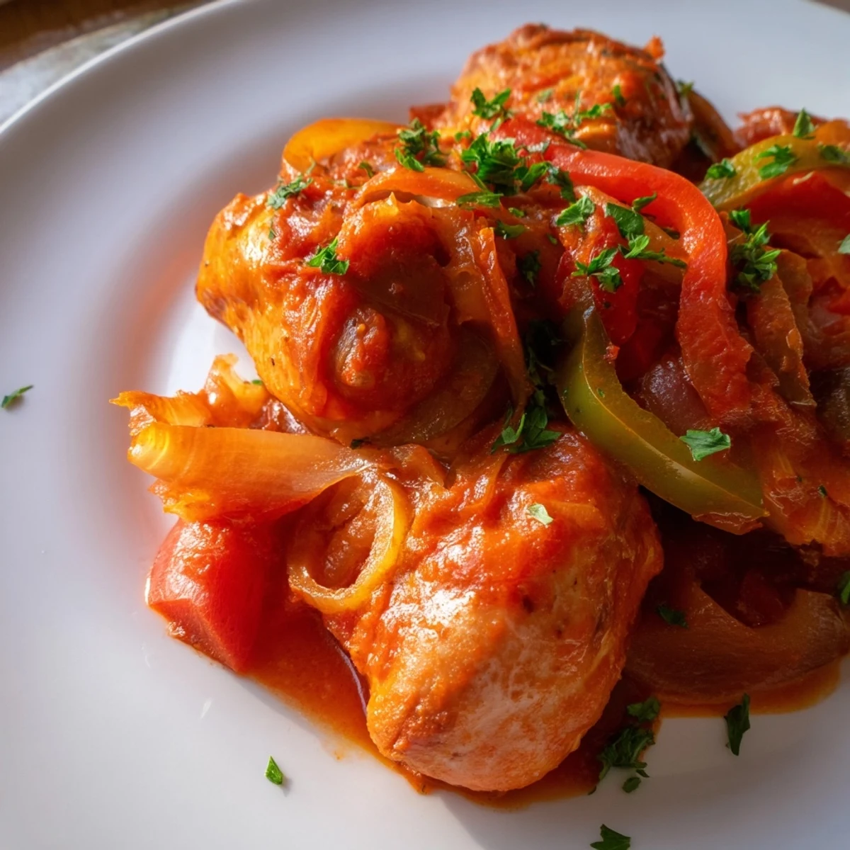 Senegalese Chicken simmered in rich tomato sauce with colorful bell peppers and aromatic spices