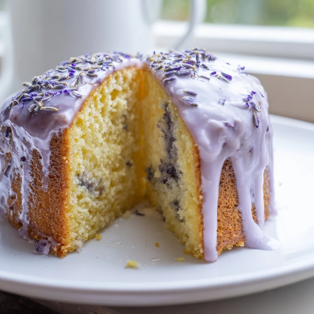 Lavender cake with lemon glaze drizzled over a tender golden crumb sprinkled with purple buds