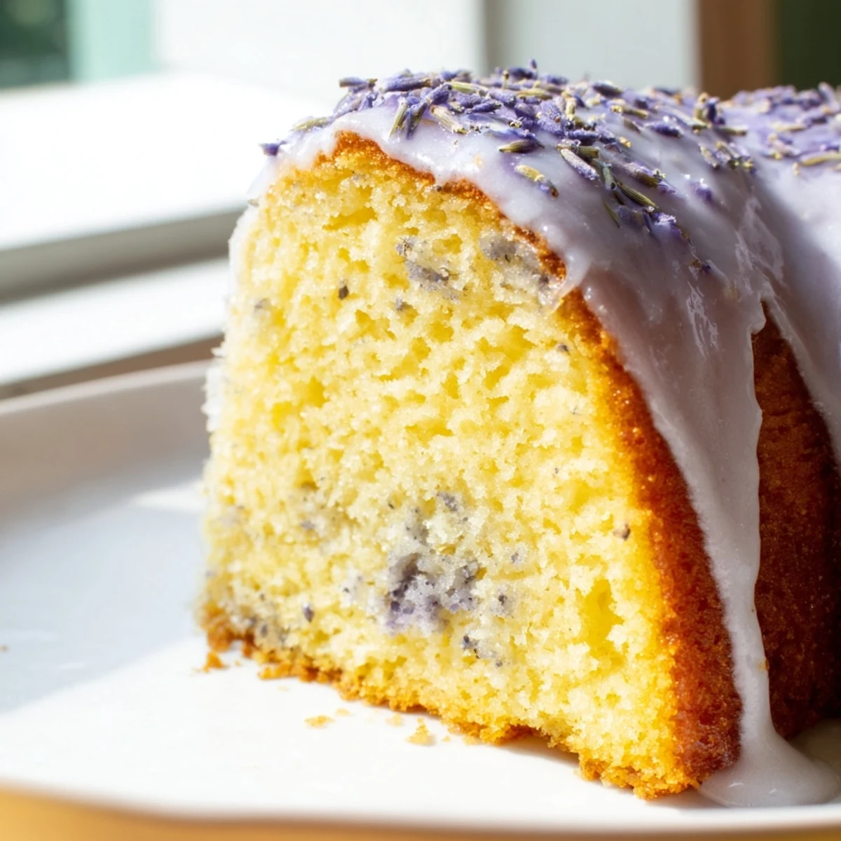A slice of moist lavender cake on a vintage plate with delicate floral garnish