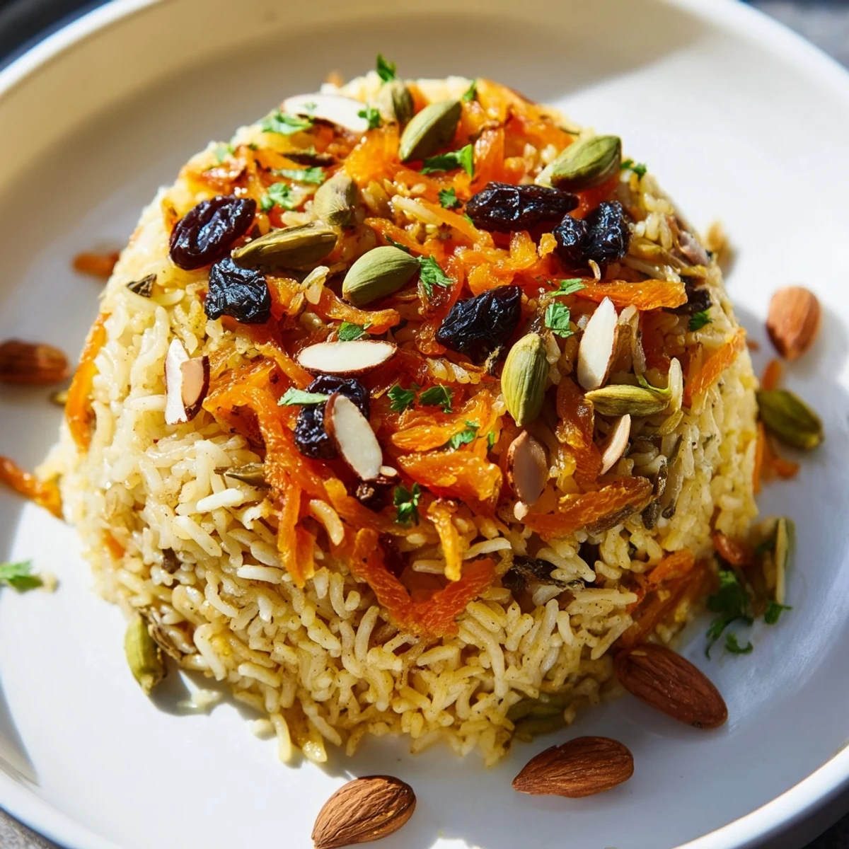 Fluffy Afghan rice pilaf studded with sweet raisins and julienned carrots in a ceramic bowl.