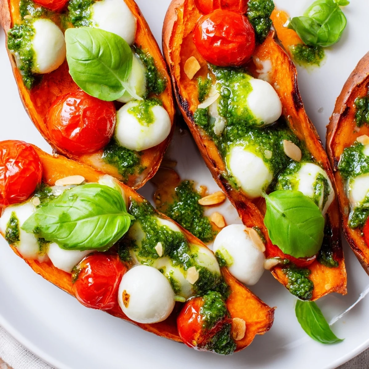 Roasted Summer Sweet Potatoes With Tomatoes Mozzarella Pesto drizzled with fresh basil pesto on a rustic wooden board