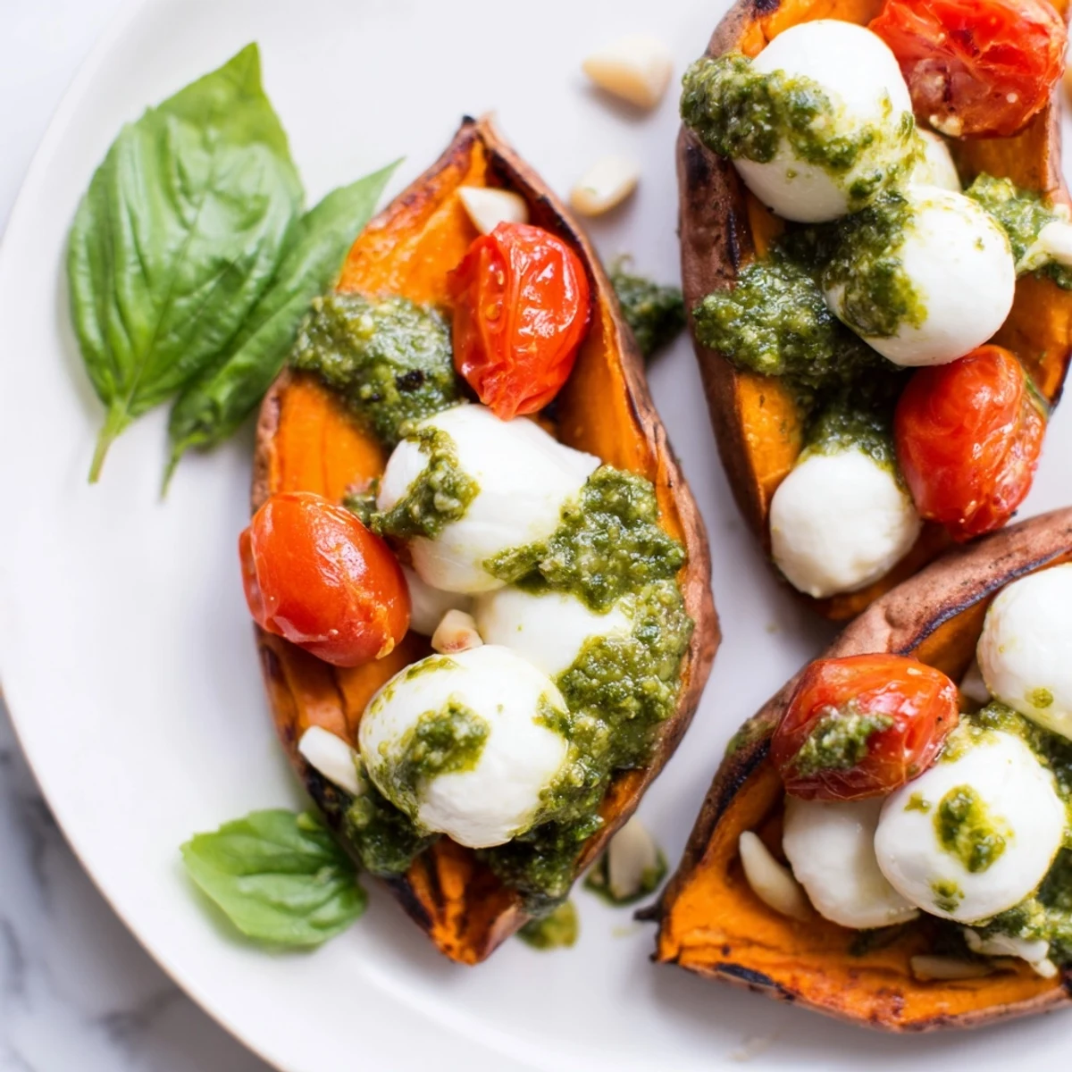 Golden sweet potato halves topped with juicy tomatoes and melted mozzarella in this Summer Sweet Potatoes dish