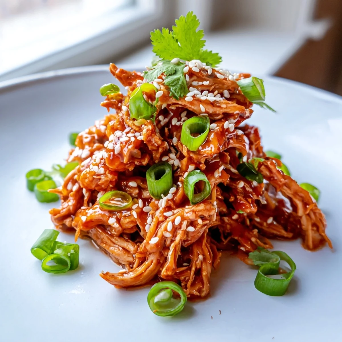 Slow Cooker Sweet Chili Chicken glistening with sticky sauce and fresh green onion garnish