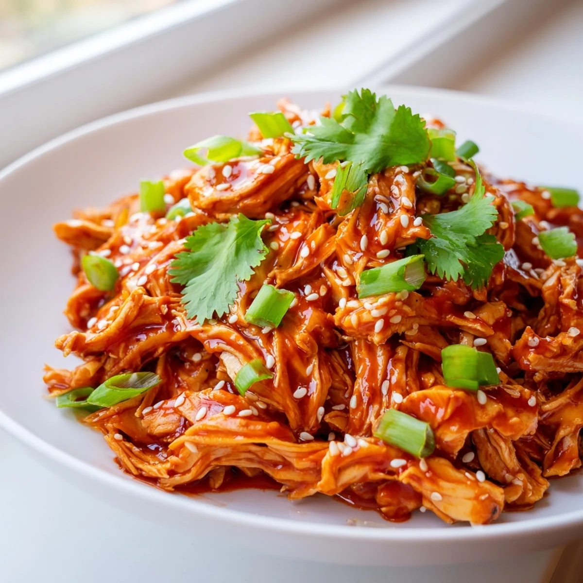 Tender Slow Cooker Sweet Chili Chicken shredded and coated in glossy Asian-inspired glaze