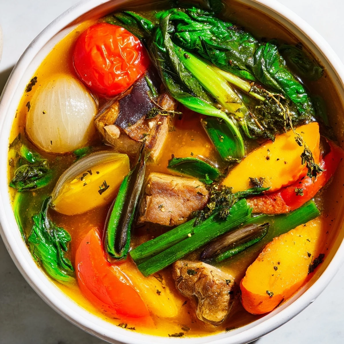 Steaming bowl of Filipino Sinigang with tender pork chunks and fresh vegetables in tangy tamarind broth