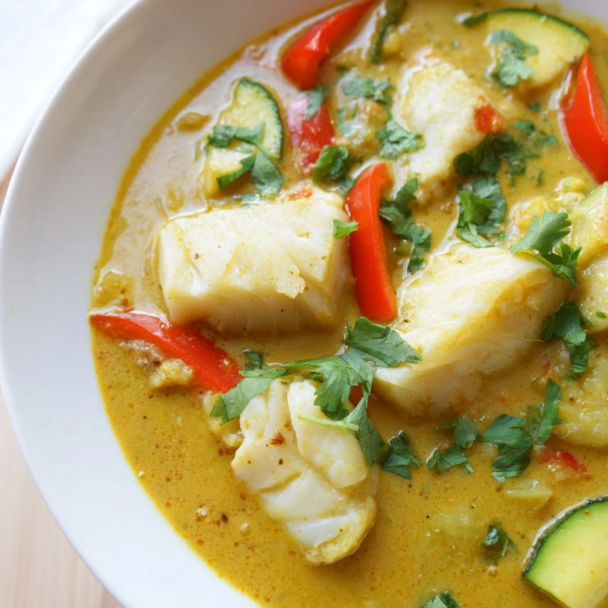 Creamy coconut white fish stew in golden broth with tender vegetables and fresh cilantro garnish