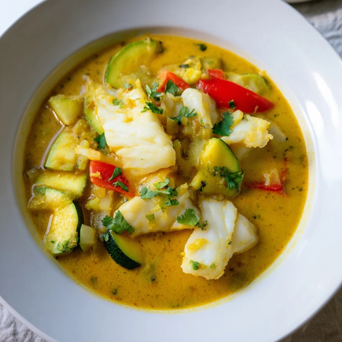 White fish stew simmered in aromatic coconut milk with colorful bell peppers and lime wedges