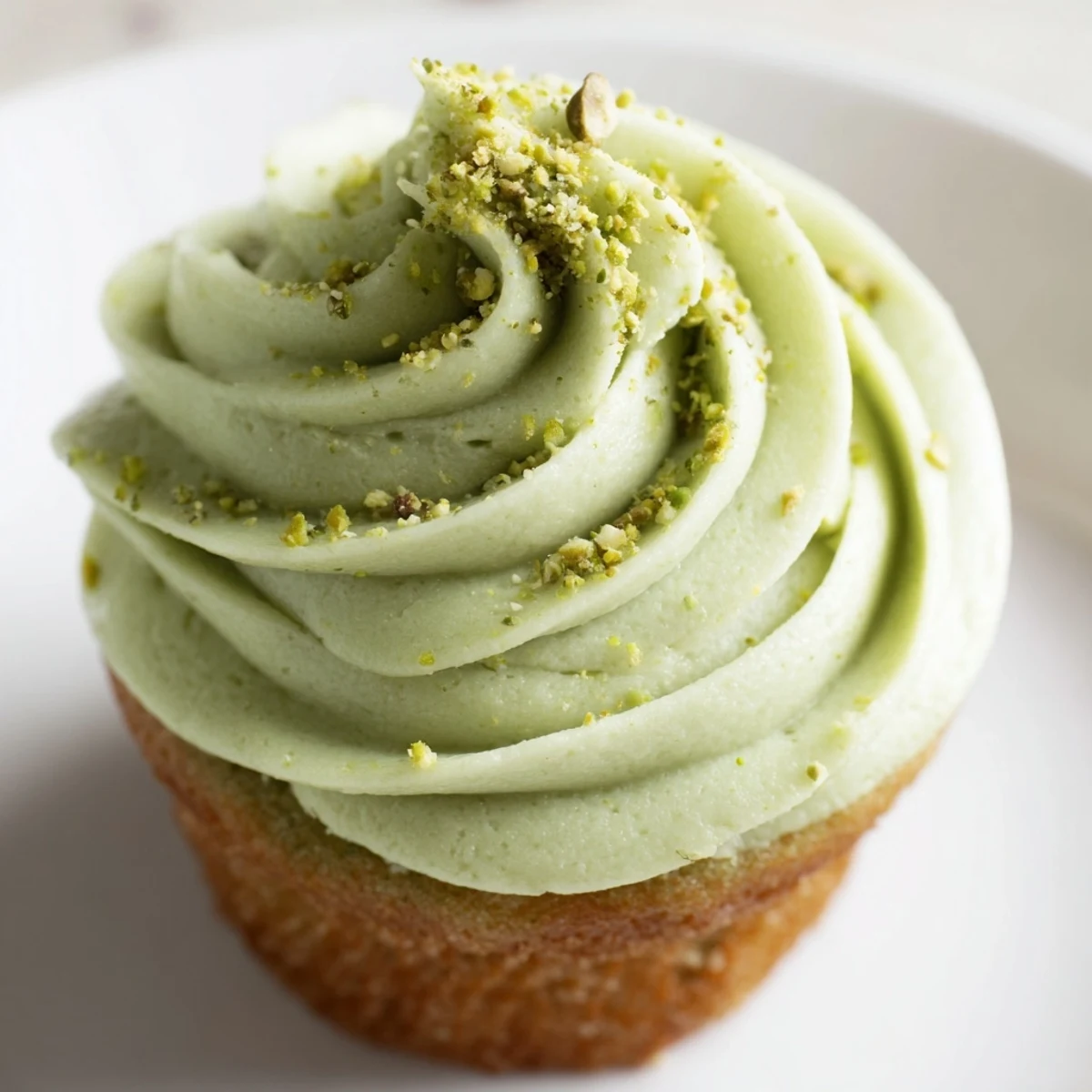 Soft pistachio cupcakes topped with creamy green buttercream frosting and chopped nut garnish