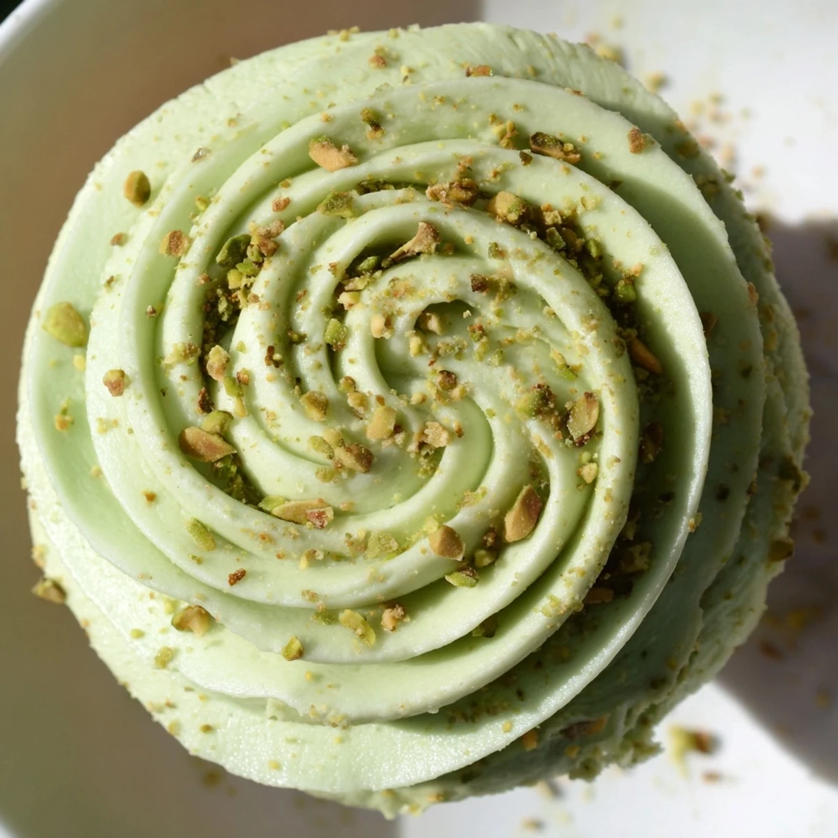 Moist homemade pistachio cupcakes with swirled buttercream icing on a decorative dessert plate