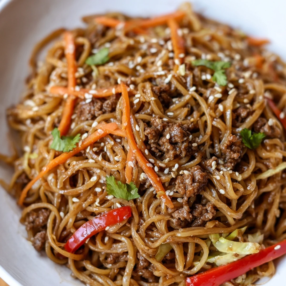 Sesame-garnished Asian ground beef noodles tossed with colorful vegetables in glossy sauce