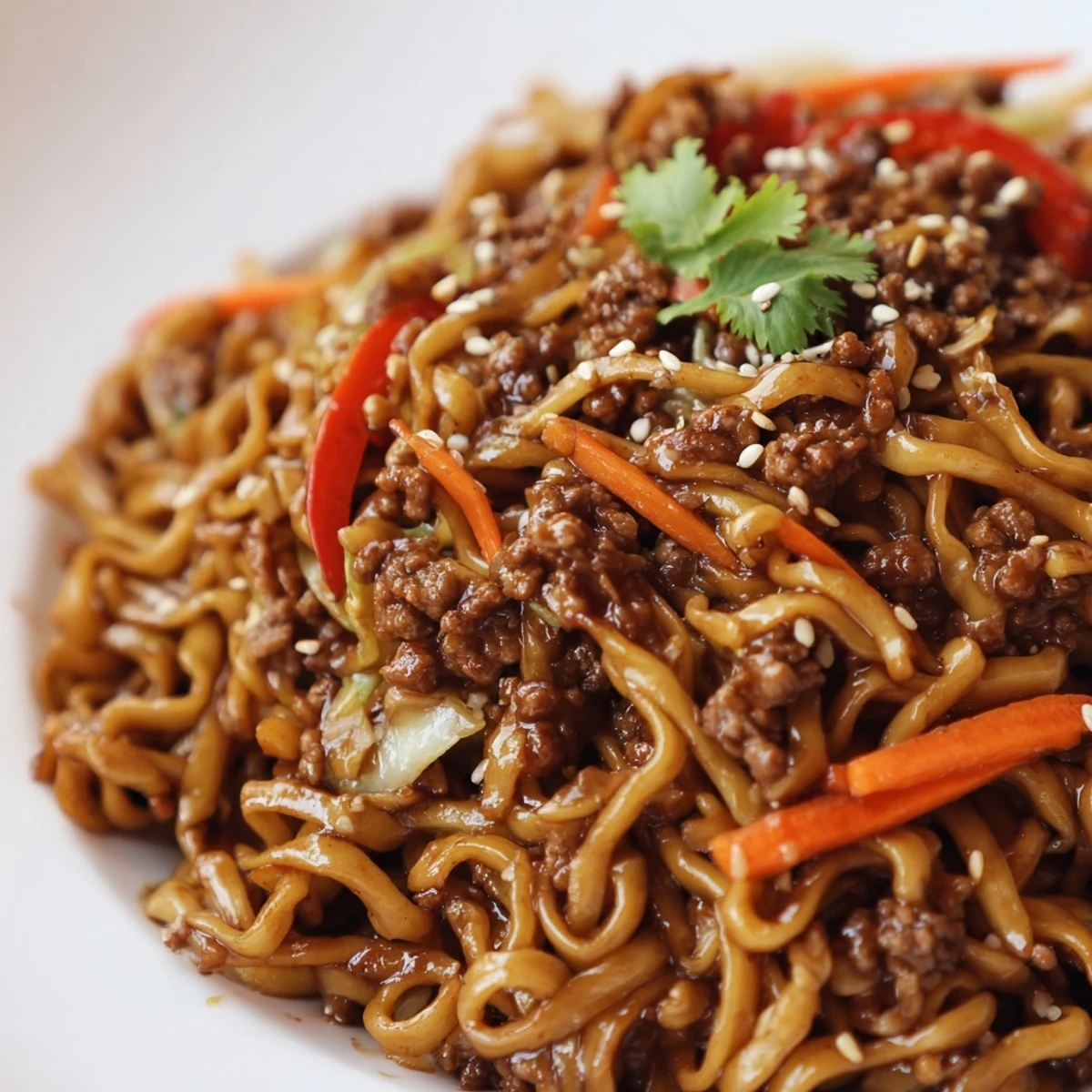 Steaming plate of Asian ground beef noodles with julienned carrots and tender cabbage