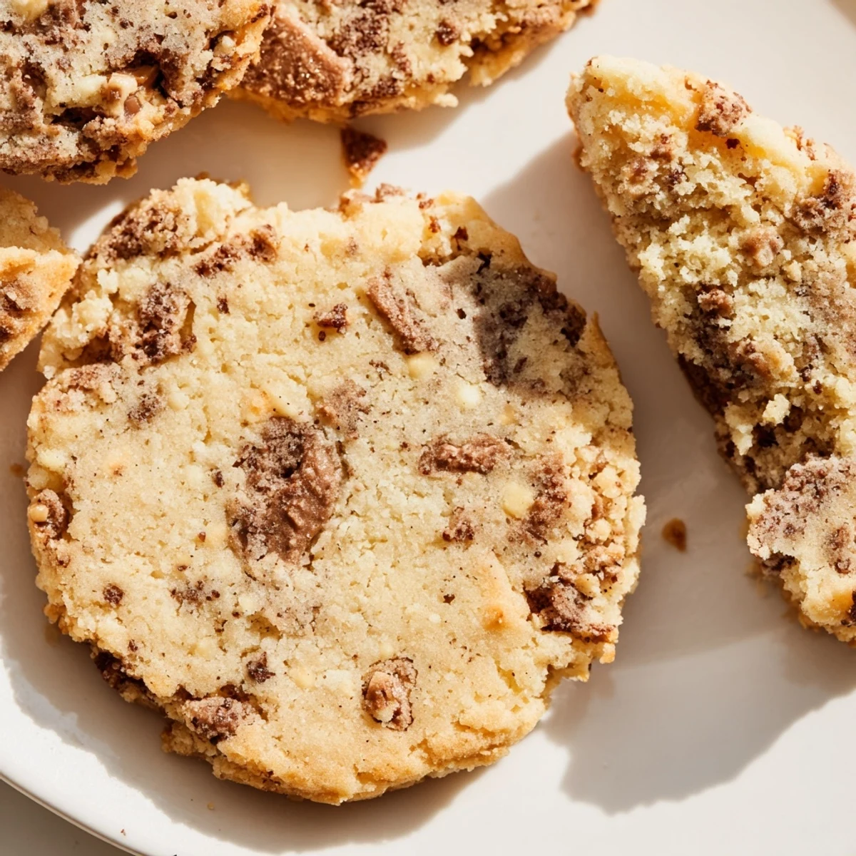 Crispy espresso shortbread cookies with golden toffee chunks cooling on a rustic wire rack
