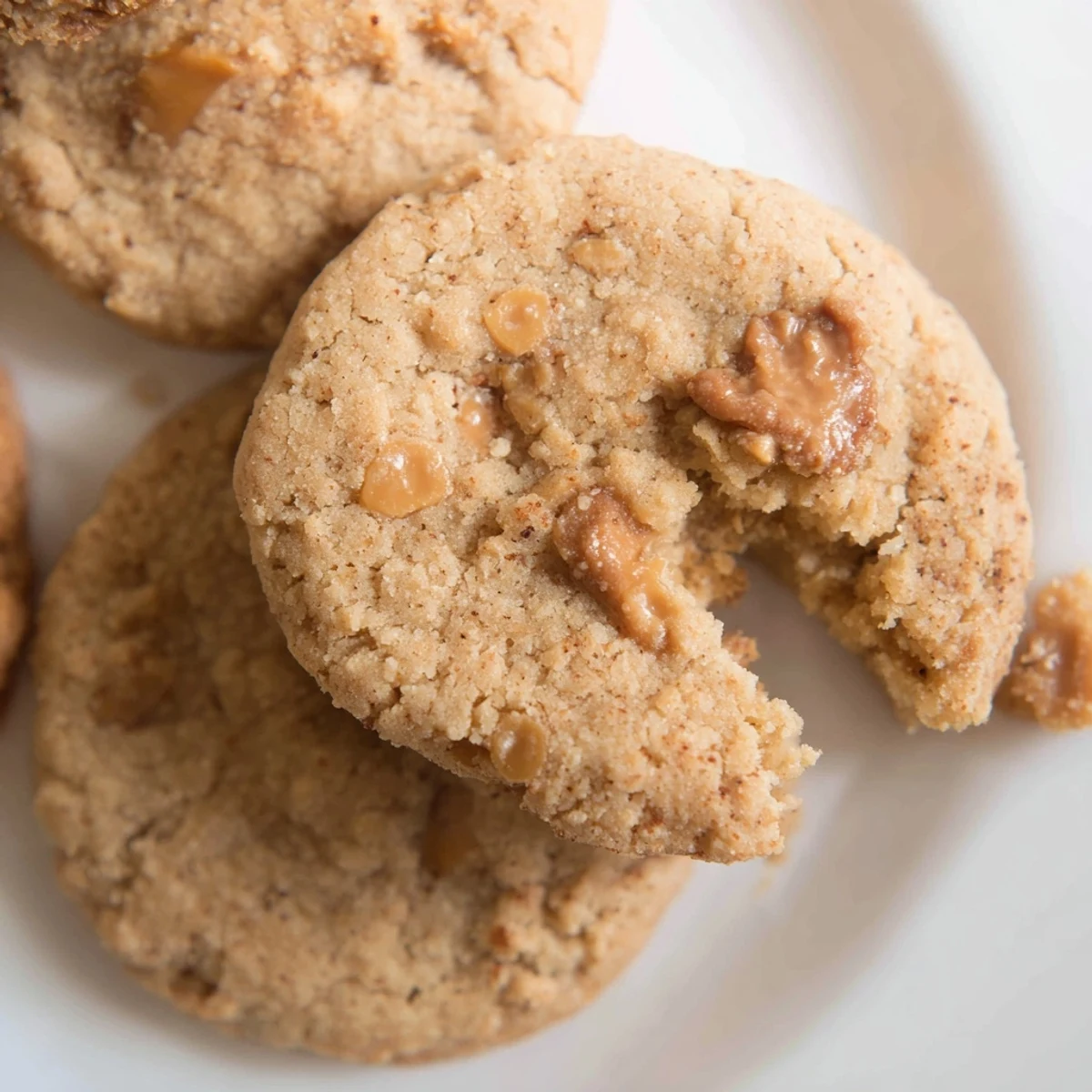 Rich espresso shortbread cookies studded with melted toffee bits on a parchment-lined baking sheet