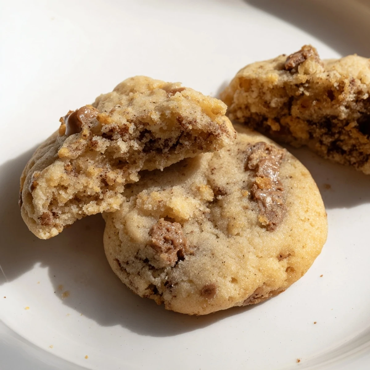 Buttery espresso shortbread cookies loaded with sweet toffee chunks stacked beside a coffee mug