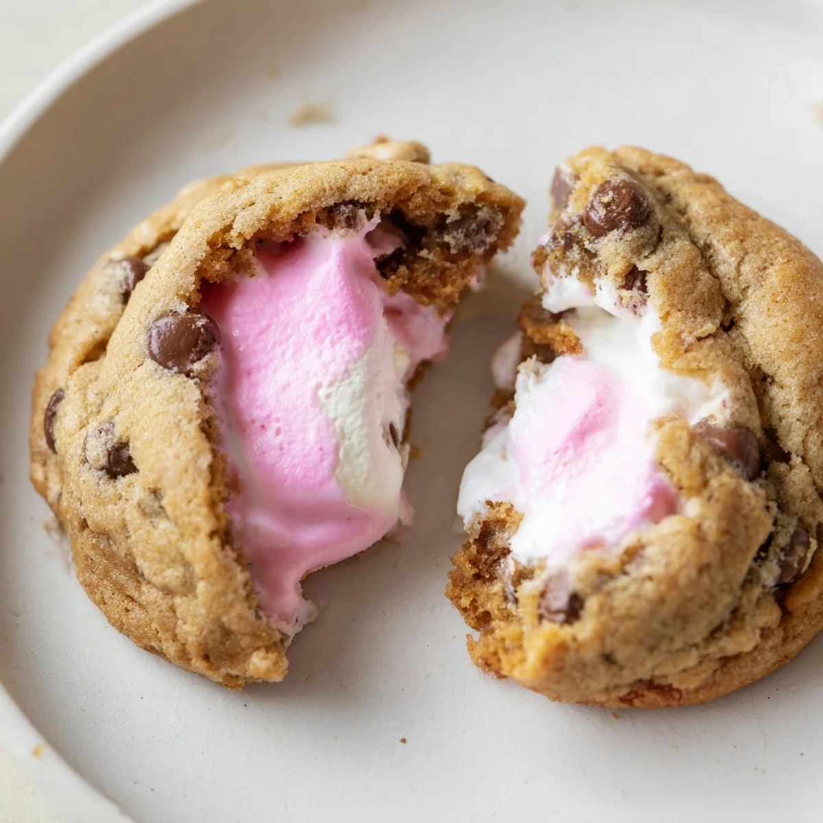 Golden chocolate chip Peep stuffed Easter cookies with gooey marshmallow centers on a baking sheet