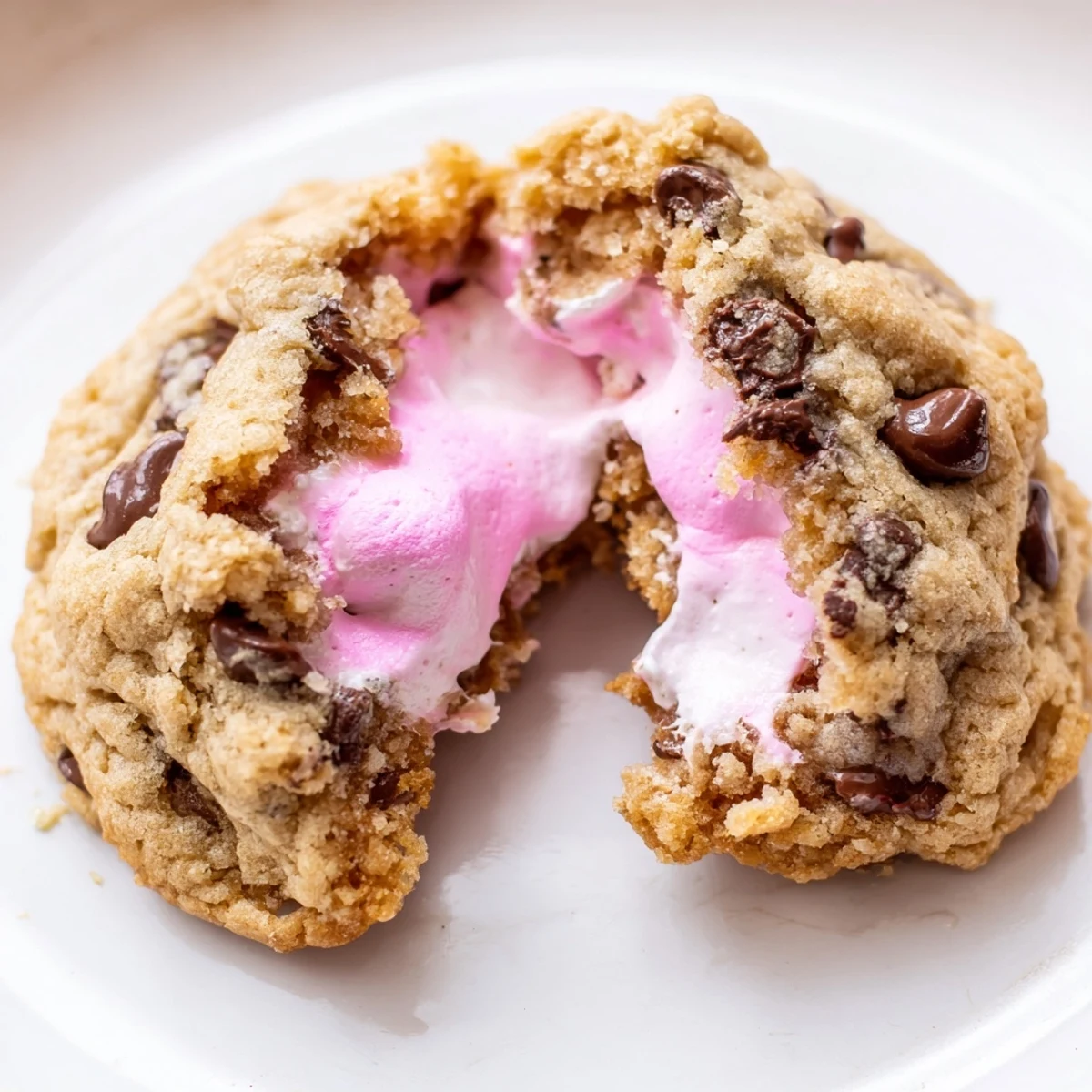 Soft chocolate chip Peep stuffed Easter cookies revealing colorful melted marshmallow inside