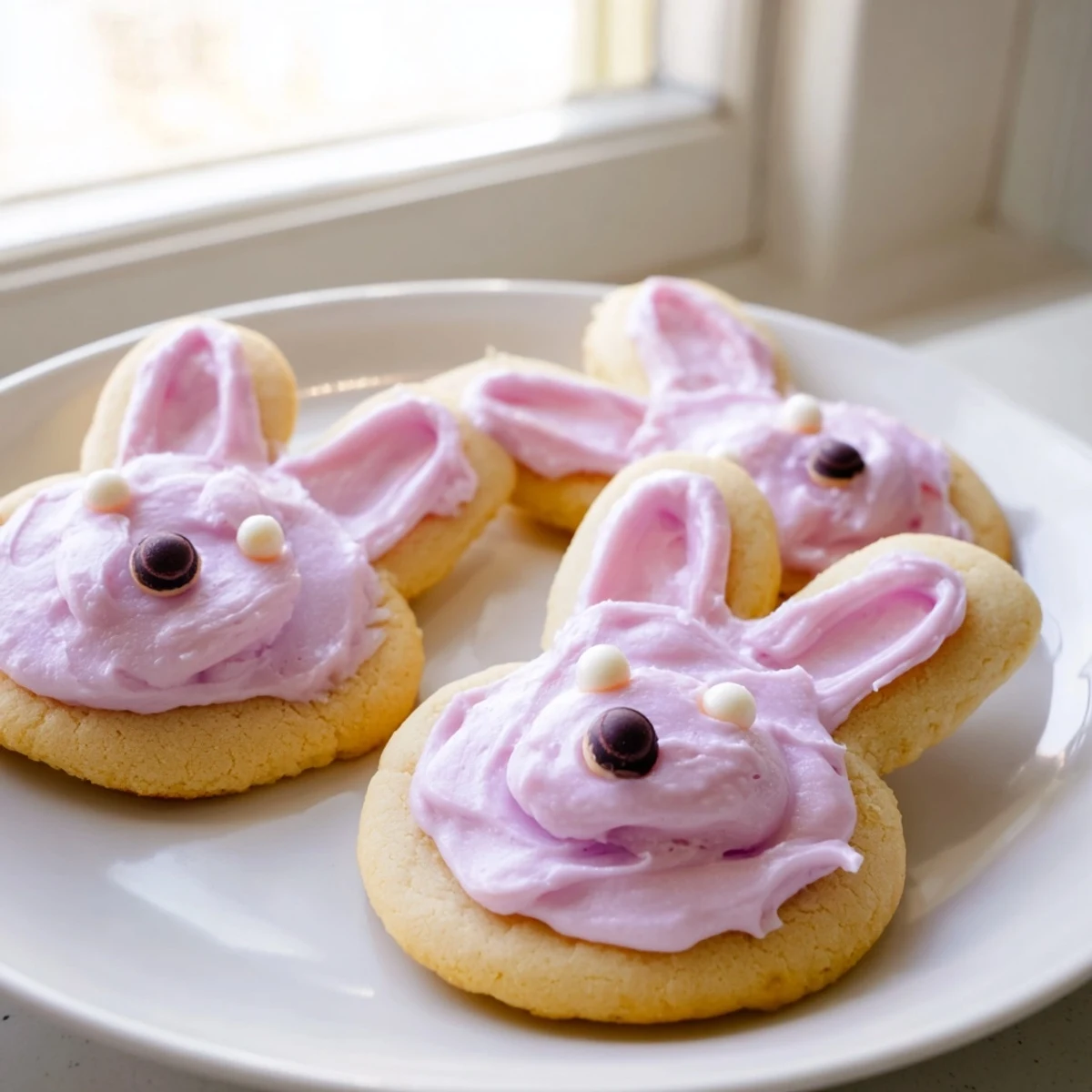 Adorable buttercream bunny cookies with swirled pastel frosting on a rustic wooden serving board