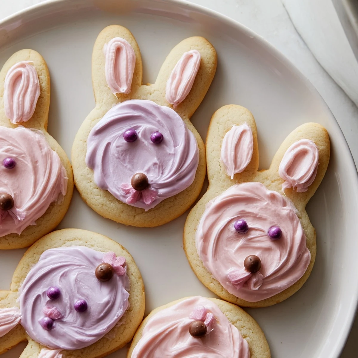 Chewy buttercream bunny cookies decorated with candy eyes and pink sprinkles for Easter celebrations