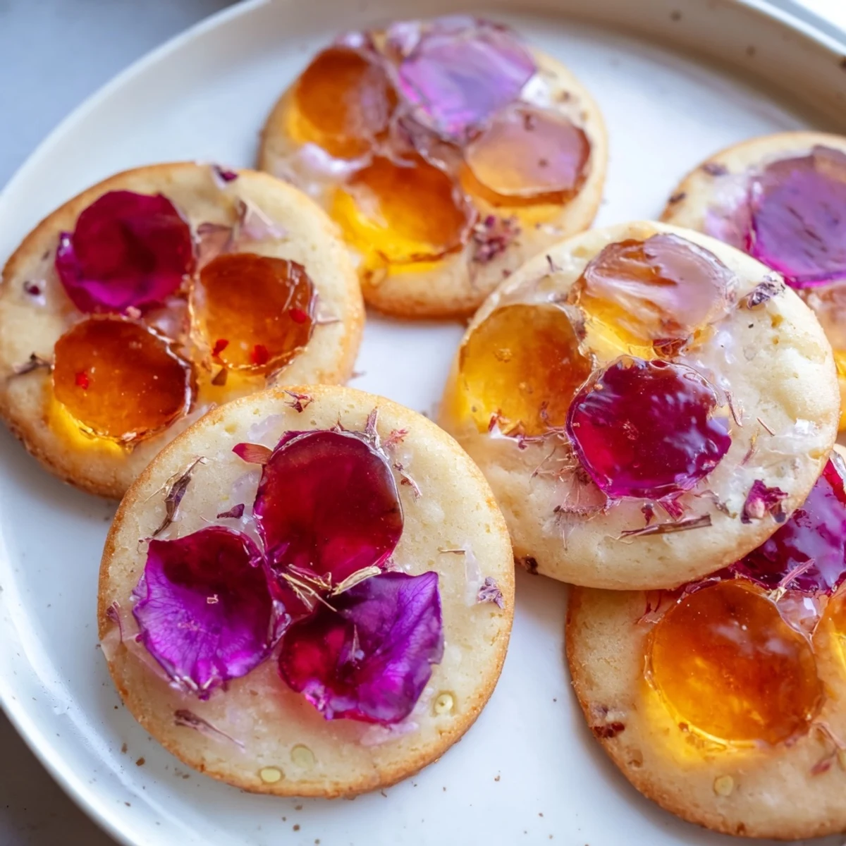 Earl Grey stained glass floral cookies with colorful translucent candy centers and pressed edible blossoms