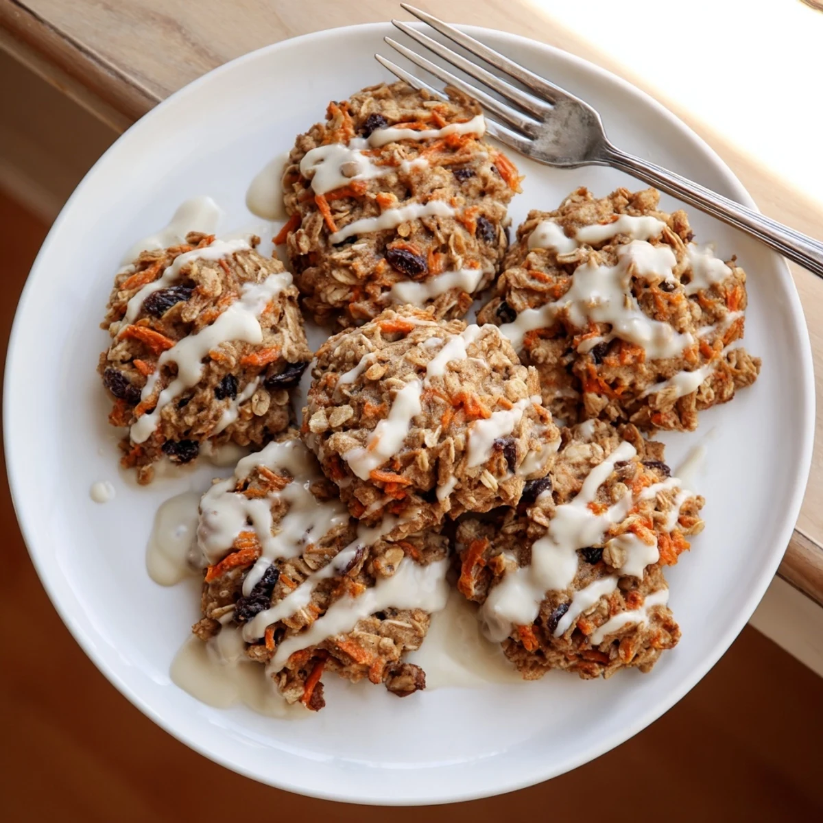 Soft carrot cake cookies with sweet cream cheese drizzle on rustic white plate