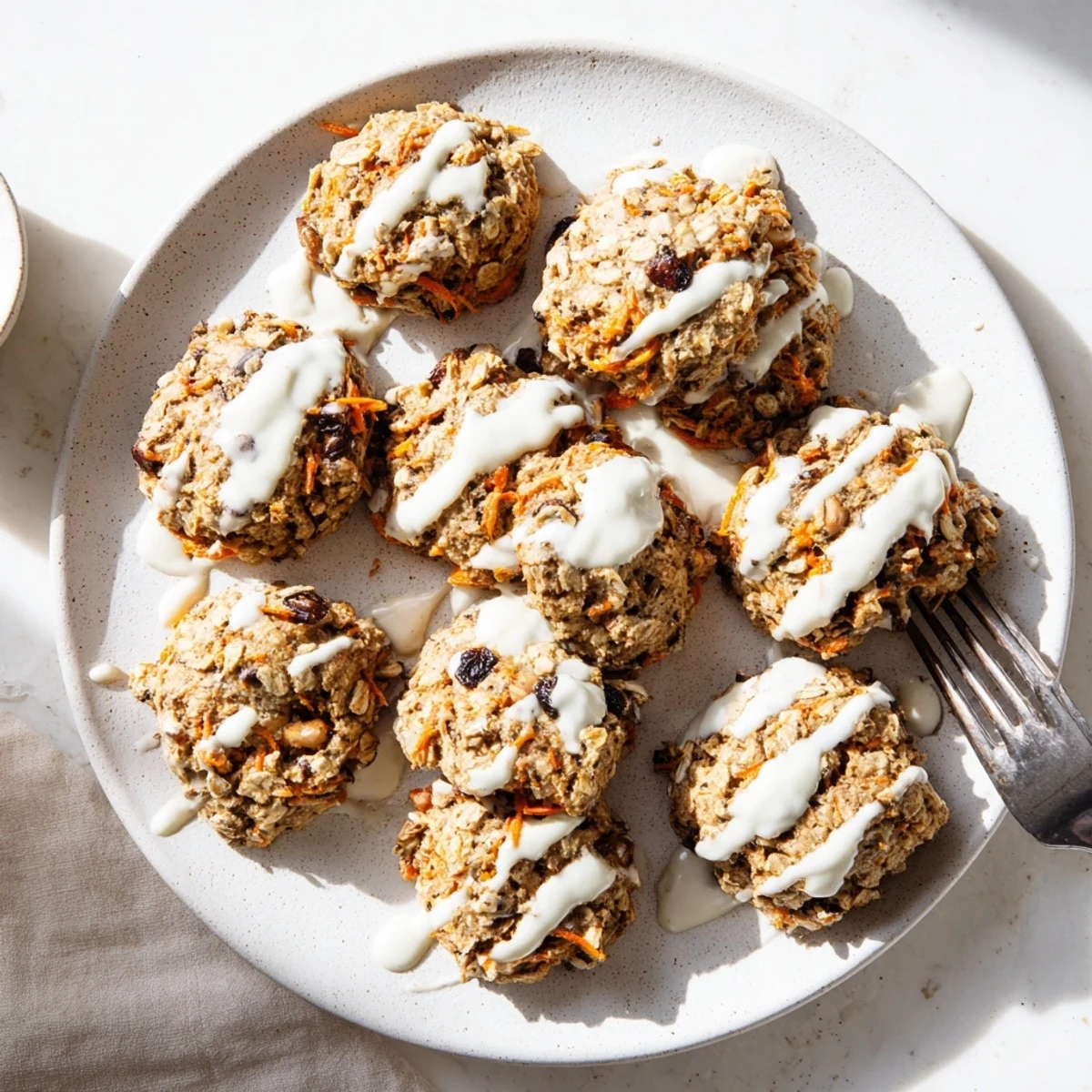 Golden brown carrot cake cookies topped with luscious cream cheese frosting drizzle