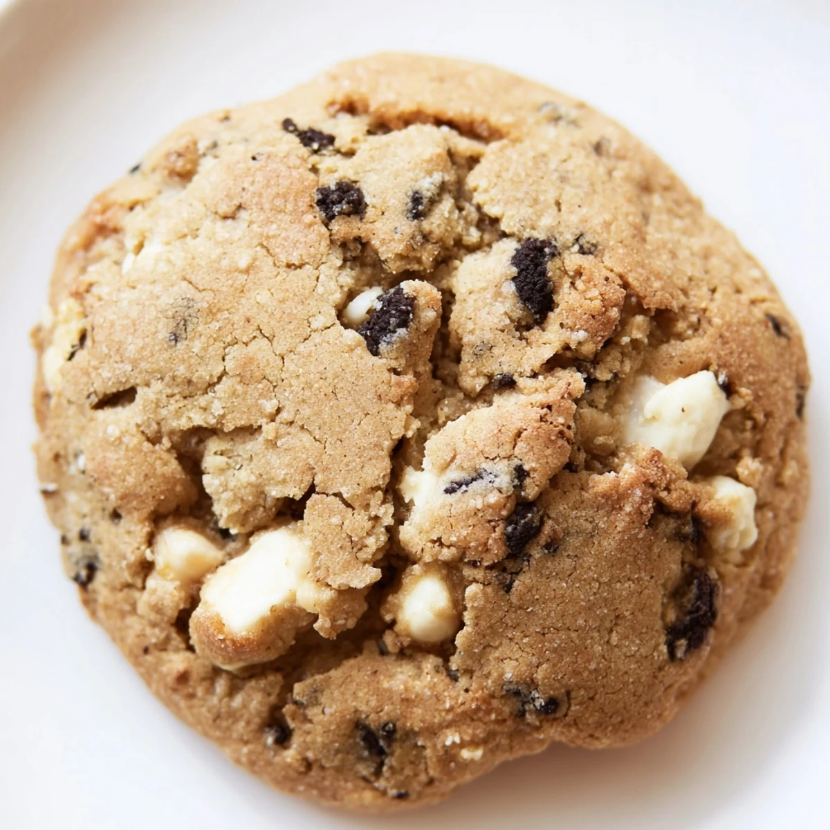 Chewy cookies and cream cookie with white chocolate chips and crushed Oreo pieces on rustic baking sheet