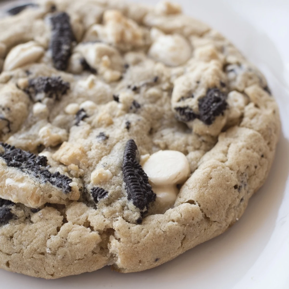 Warm cookies and cream cookie fresh from oven with golden edges and melty white chocolate throughout