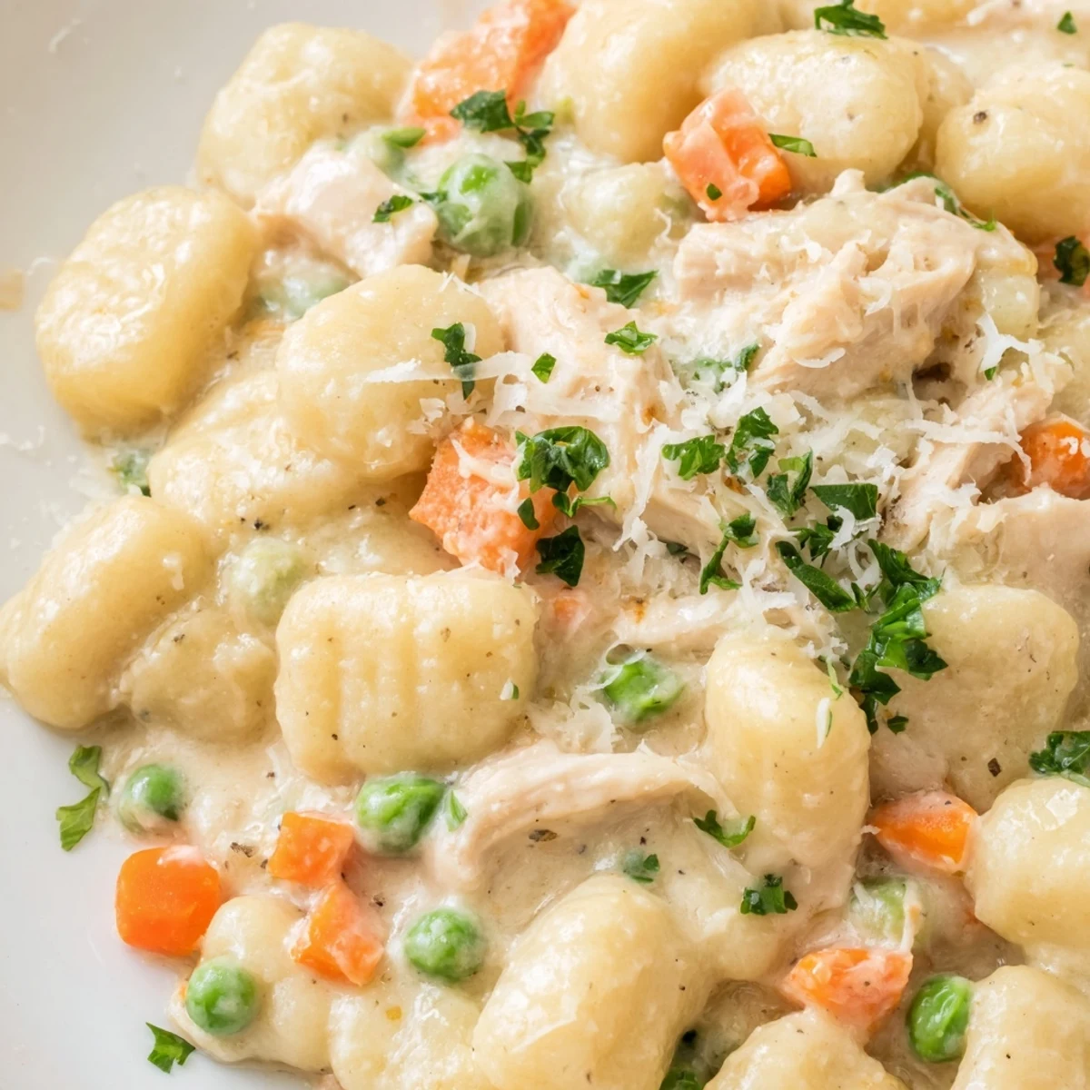 Creamy One Pot Gnocchi Chicken Pot Pie with tender vegetables in golden savory sauce