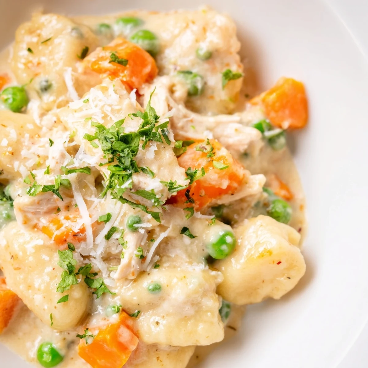 Golden skillet of One Pot Gnocchi Chicken Pot Pie with pillowy dumplings and peas