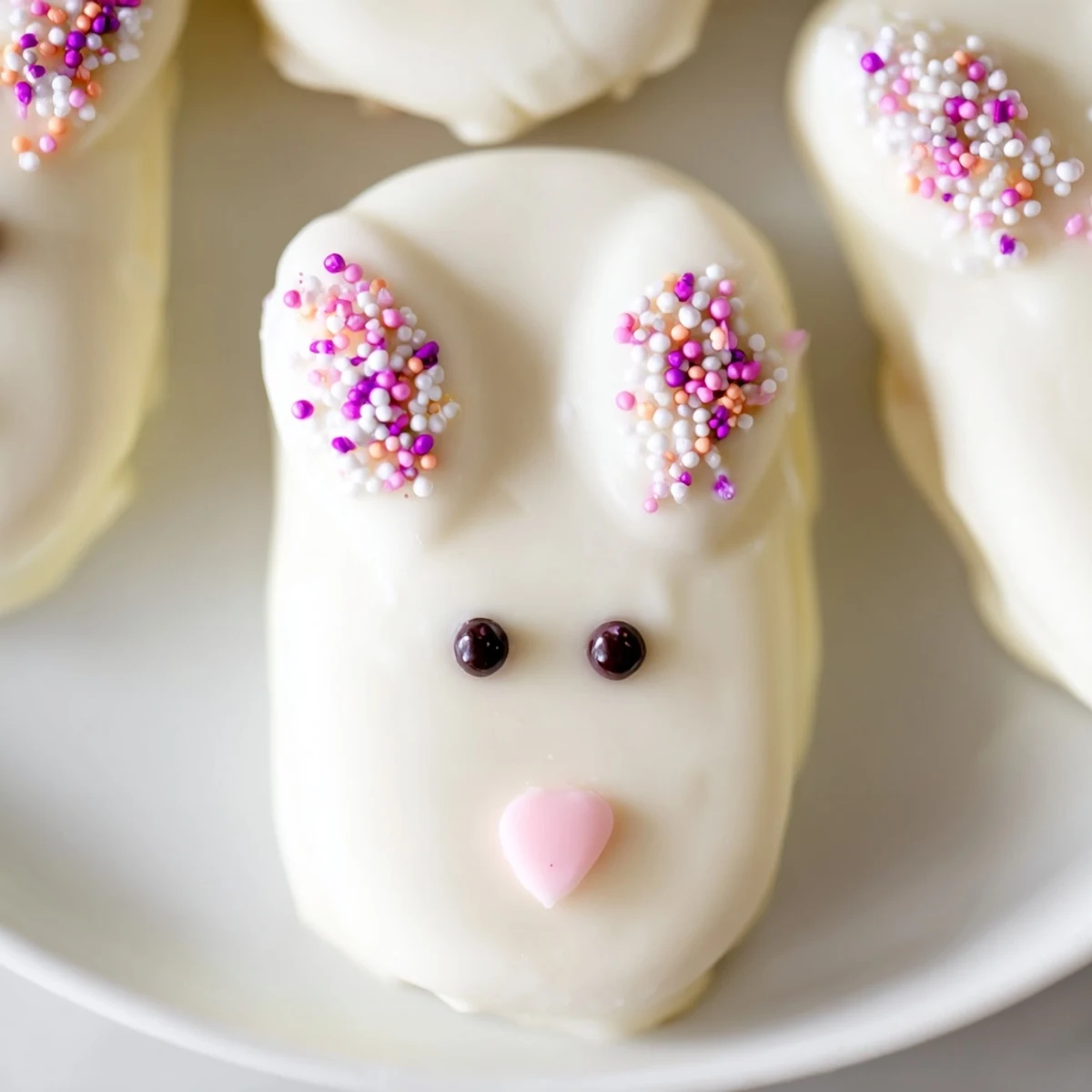 Adorable white chocolate bunny cakesicles with candy eyes and pink ears on a festive Easter tray