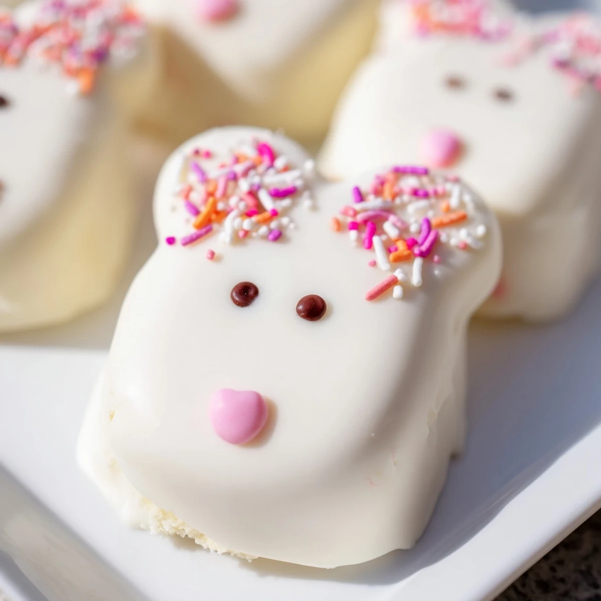 Creamy white chocolate bunny cakesicles decorated with sprinkles and fondant ears for spring celebrations