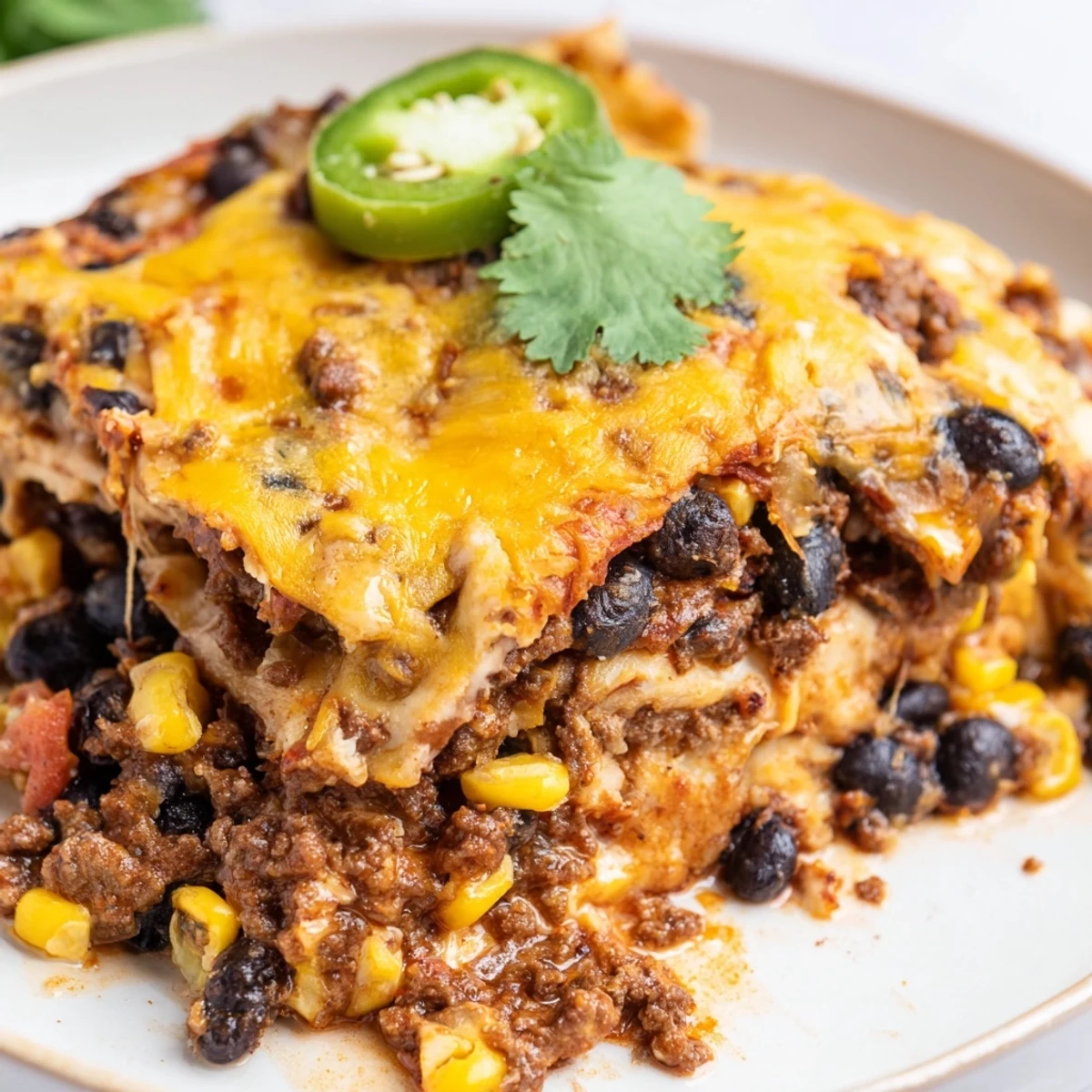 Golden bubbly Mexican lasagna with layers of seasoned beef, beans, and melted cheese