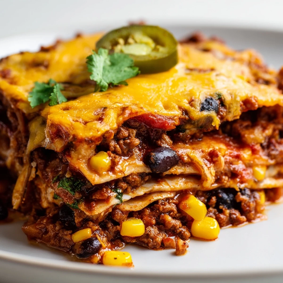 Mexican lasagna fresh from the oven with gooey cheese and colorful garnishes