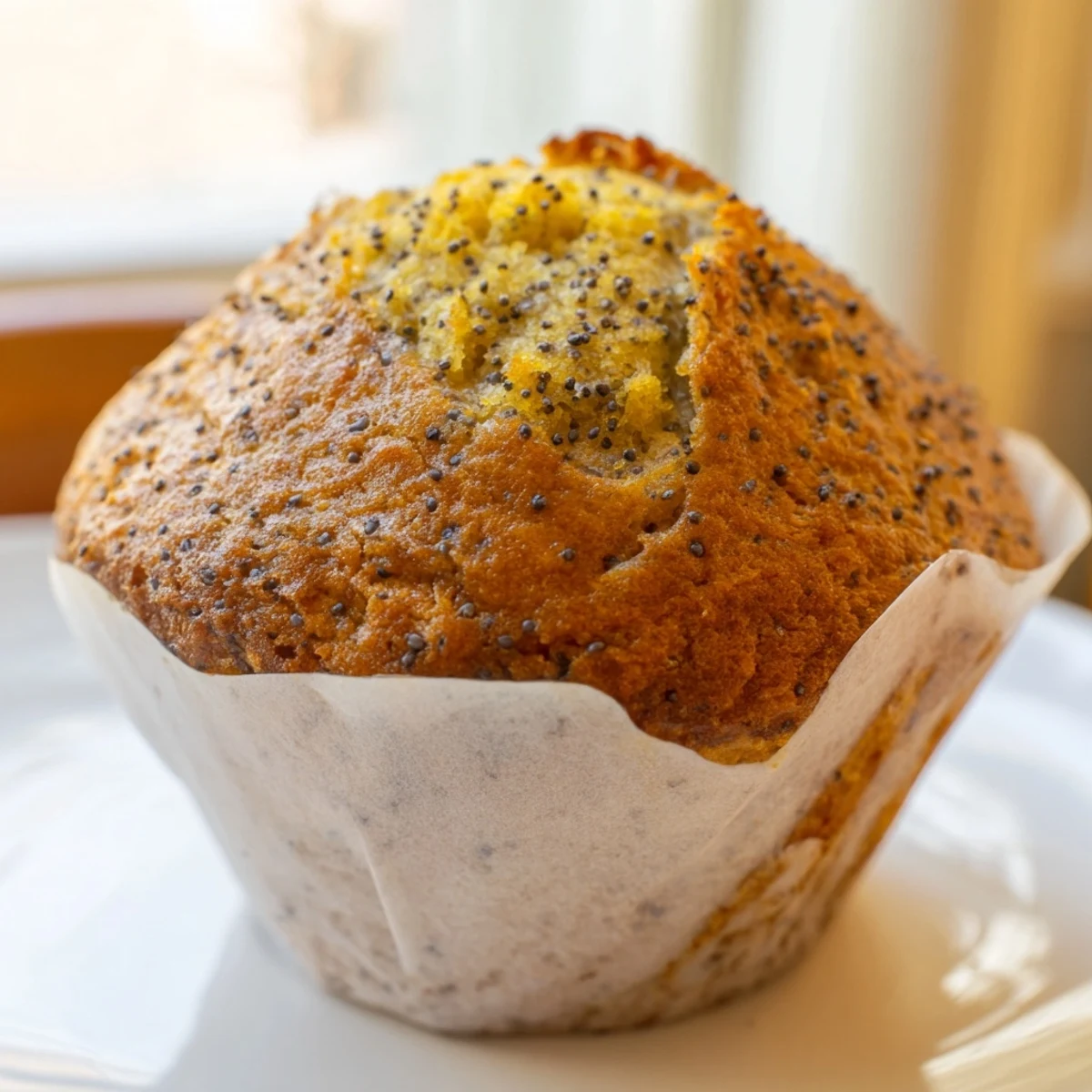 Golden lemon poppy seed muffins with domed tops displayed on a rustic wire cooling rack