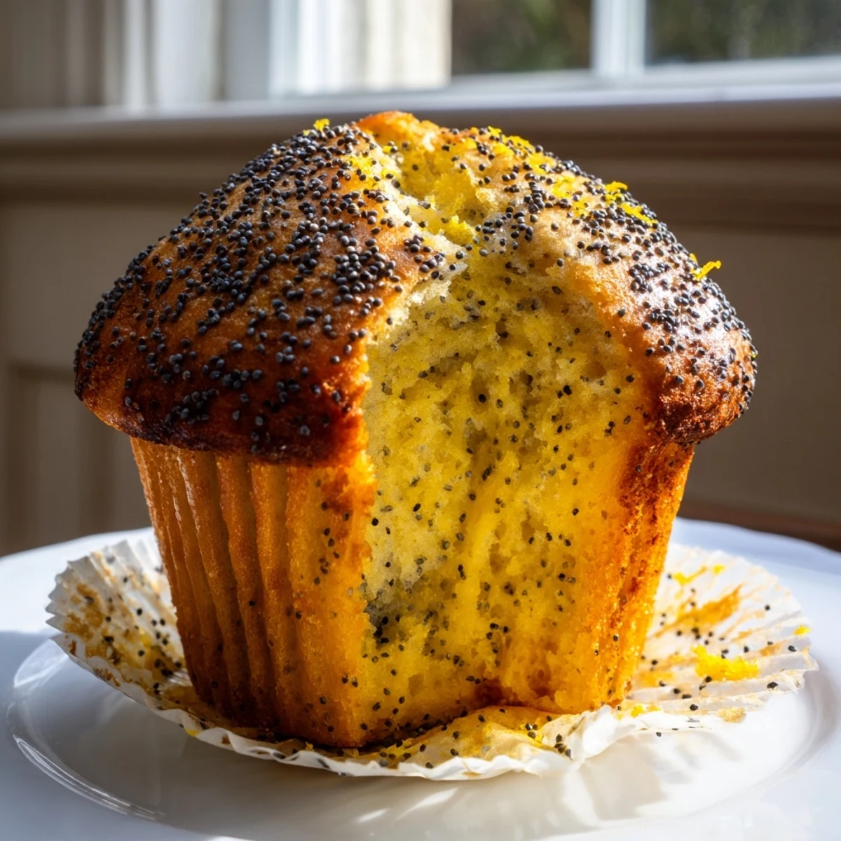 Moist lemon poppy seed muffins flecked with zest arranged on a white ceramic plate